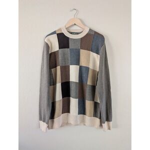 VTG Norm Thompson Men Patchwork Crewneck Sweater L Cotton Cashmere Blend Checker